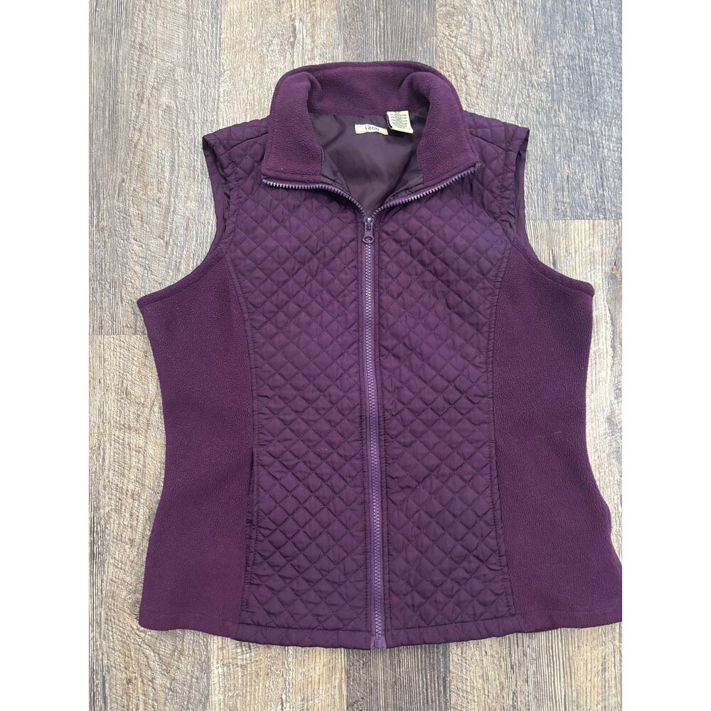 IZOD Womens Quilted Fleece Mix Full Zip Vest Purple Mock‎ Neck Small